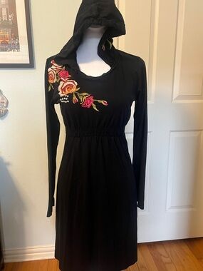 Johnny Was Black Hooded Long-Sleeve Dress with Rose Embroidery